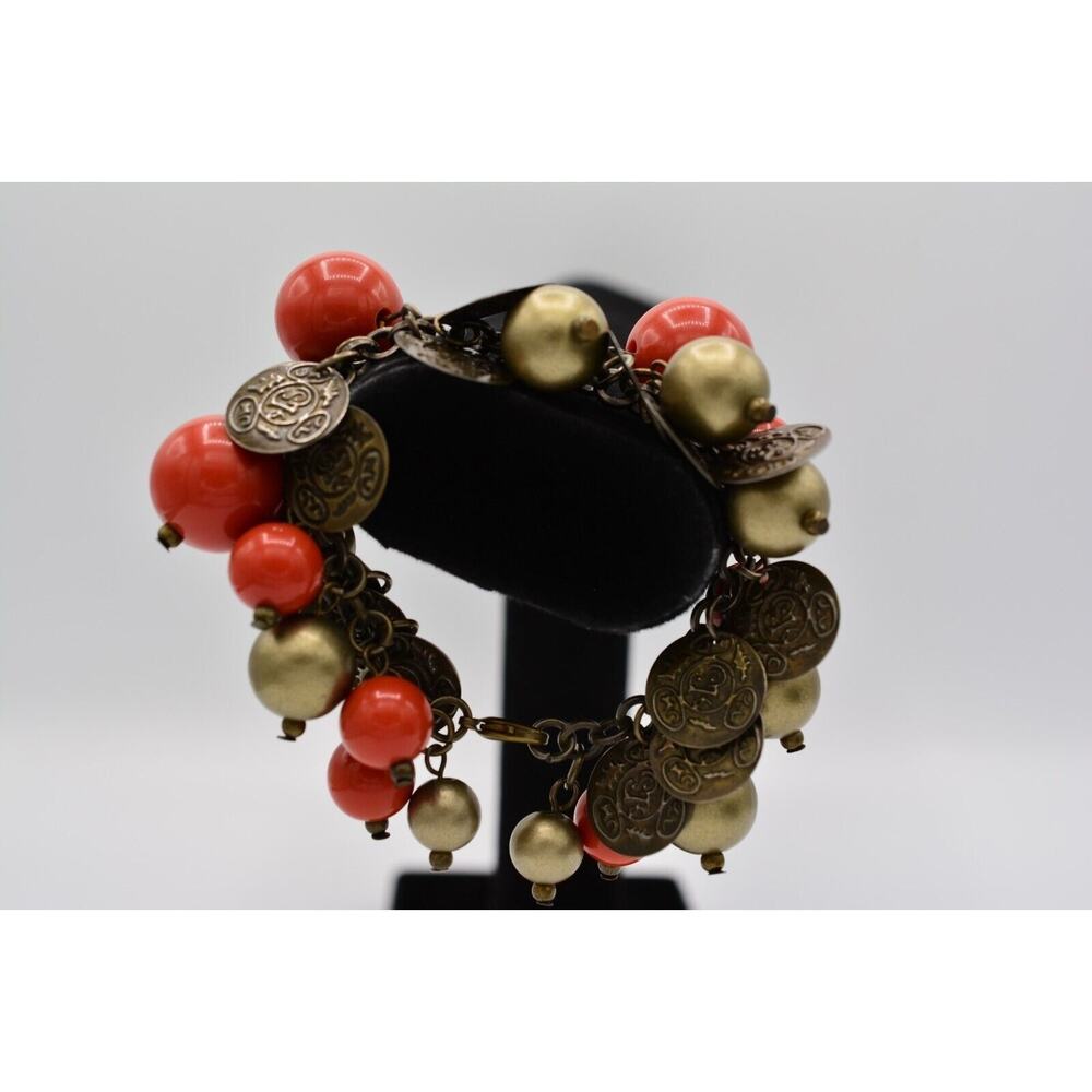 Vintage Dangle Coin Charm Bracelet Rustic Brass Orange Gold Beaded Chunky BinO